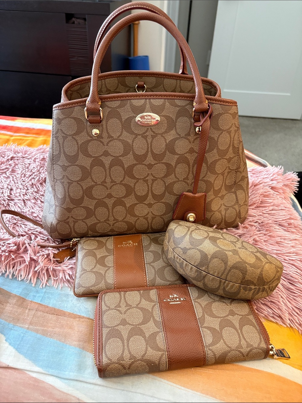 Coach Khaki/Chestnut Signature Satchel with Matching Accessories